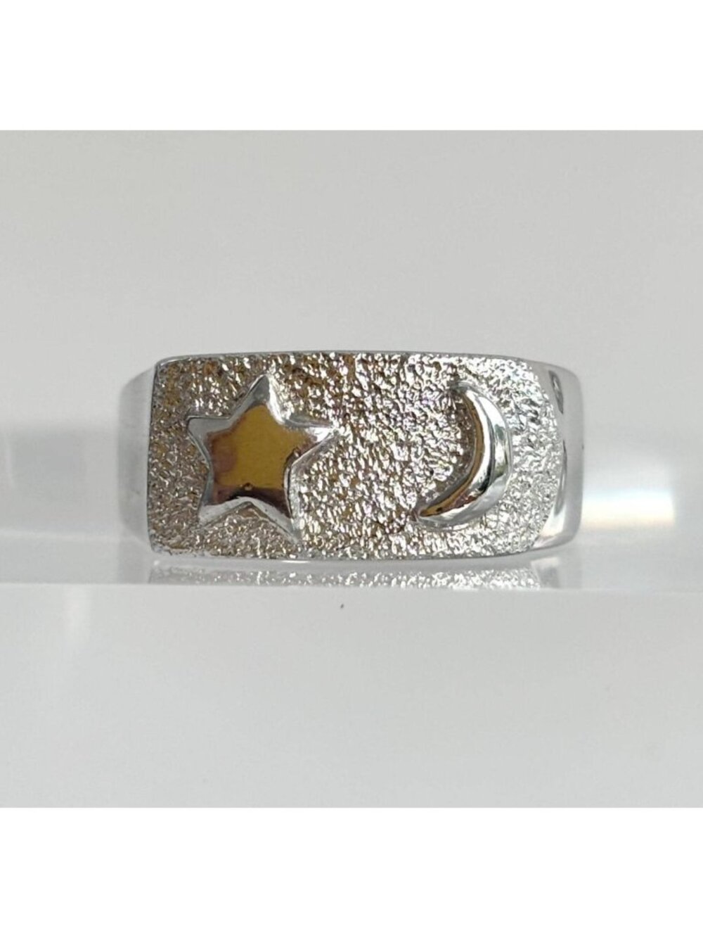 Moon & Stars Tapered Shank Textured Sterling Silver 925 Vintage Ring - sz 6